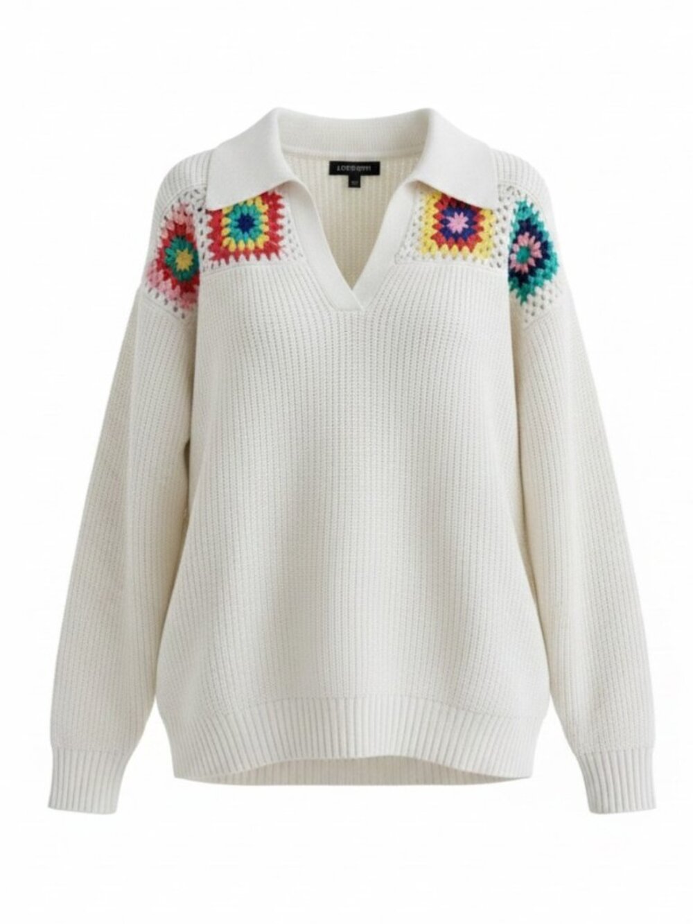 NWT Granny Square Johnny Collar Sweater Multicolor Crochet Cottagecore Cozy Boho - Picture 2 of 9